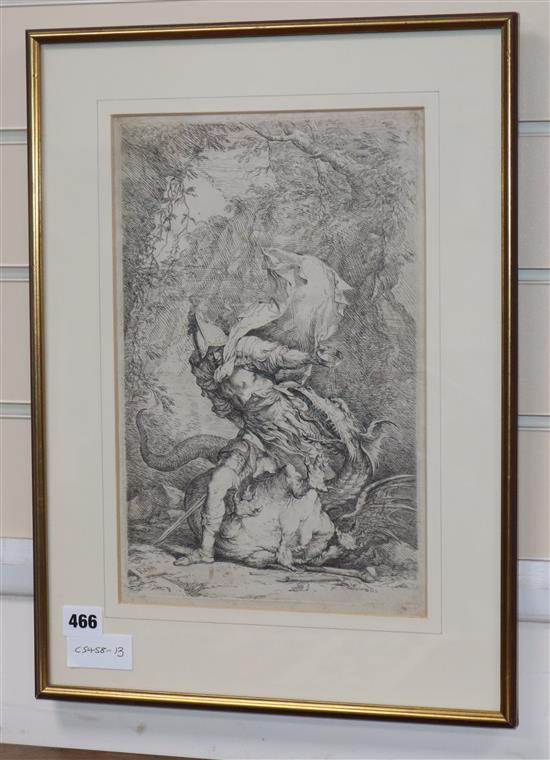 Salvator Rosa, engraving, St George and the Dragon, signed in the plate, 34 x 21.5cm